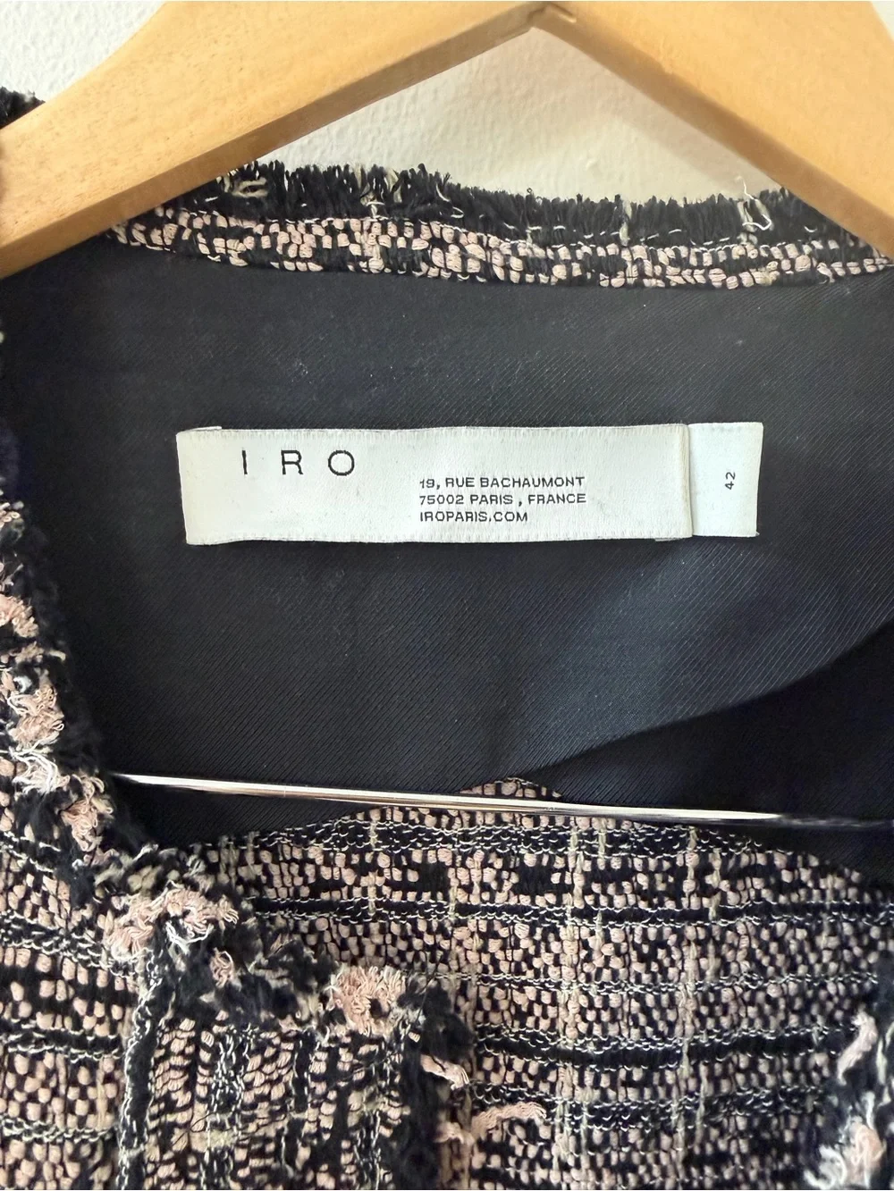IRO Jocund Tweed Fringe Jacket Blush Pink Black Size 42 French Chic Blazer